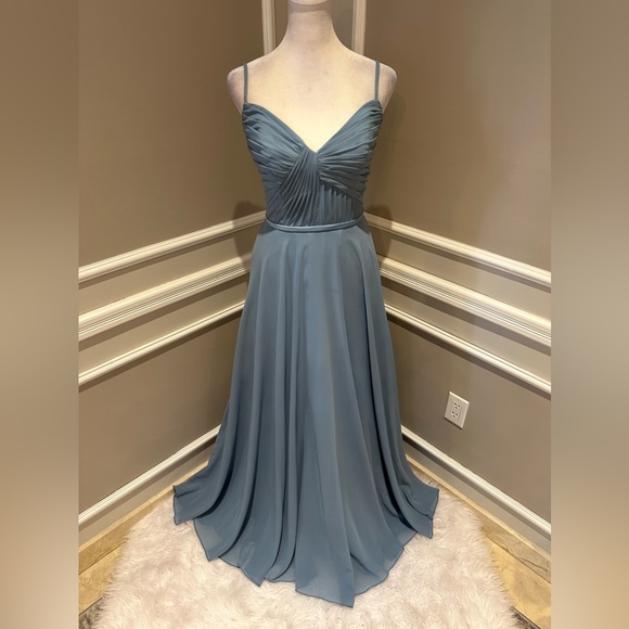 Brideside Cher dusty blue women’s chiffon spaghetti strap formal evening dress - Picture 5 of 16